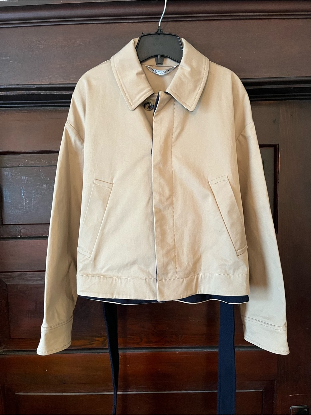 Zara Beige Jacket with Navy Tie Belt Small